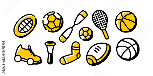 Colección de iconos de deportes y fitness: balón de fútbol, ​​baloncesto, raqueta de tenis, bate de béisbol, fútbol americano, palo de golf, voleibol, palo de hockey y más. Iconos de actividades depor