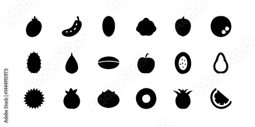 Conjunto de iconos de frutas tropicales, perfecto para diseños de envases de alimentos, guías de viaje y blogs culinarios sobre sabores exóticos.
