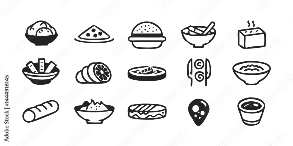 Collection of Gourmet & International Cuisine Icons, including sushi, ramen bowl, pasta dish, paella, croissant, cheese platter, and taco. Collection of Gourmet & International Cuisine Icons, including sushi, ramen bowl, pasta dish, paella, croissant, cheese platter, and taco.