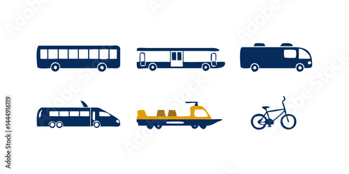 Set of transport icons representing various urban vehicles like bus, tram, metro, taxi, train, bicycle, electric scooter, and subway train for travel and city mobility