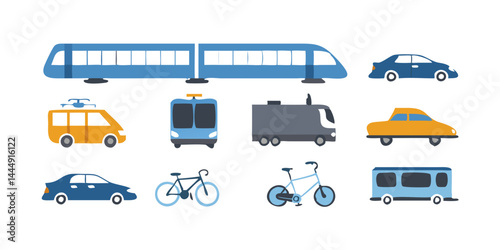 Set of transport icons representing various urban vehicles like bus, tram, metro, taxi, train, bicycle, electric scooter, and subway train for travel and city mobility