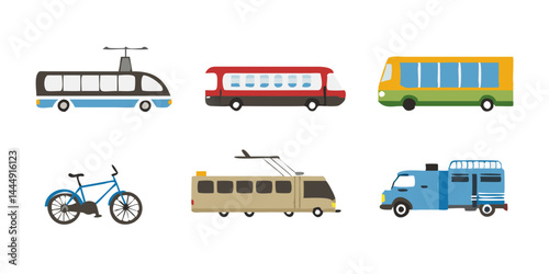 Set of transport icons representing various urban vehicles like bus, tram, metro, taxi, train, bicycle, electric scooter, and subway train for travel and city mobility