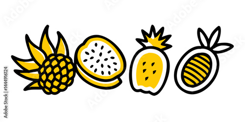 ensemble d'icônes de fruits tropicaux, parfaites pour les conceptions d'emballages alimentaires, les guides de voyage et les blogs culinaires sur les saveurs exotiques.