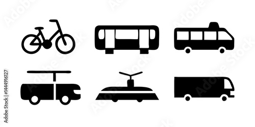 Set of transport icons representing various urban vehicles like bus, tram, metro, taxi, train, bicycle, electric scooter, and subway train for travel and city mobility