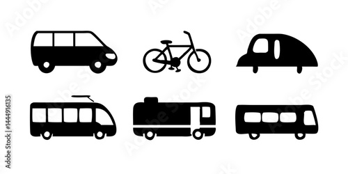Set of transport icons representing various urban vehicles like bus, tram, metro, taxi, train, bicycle, electric scooter, and subway train for travel and city mobility