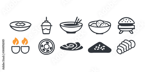 Collection of Gourmet & International Cuisine Icons, including sushi, ramen bowl, pasta dish, paella, croissant, cheese platter, and taco.