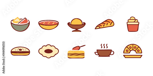 Collection of Gourmet & International Cuisine Icons, including sushi, ramen bowl, pasta dish, paella, croissant, cheese platter, and taco.