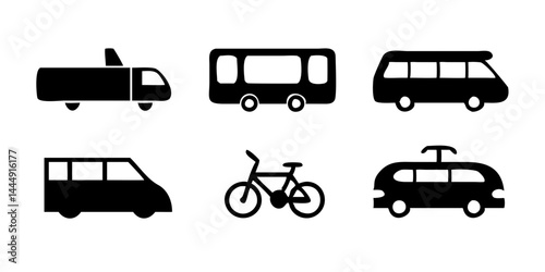 Set of transport icons representing various urban vehicles like bus, tram, metro, taxi, train, bicycle, electric scooter, and subway train for travel and city mobility