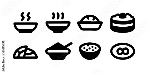 Collection of Gourmet & International Cuisine Icons, including sushi, ramen bowl, pasta dish, paella, croissant, cheese platter, and taco.