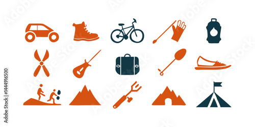 Set of Outdoor Adventure and Sports Icons, including hiking boots, climbing rope, mountain bike, kayak, camping tent, and fishing rod.

