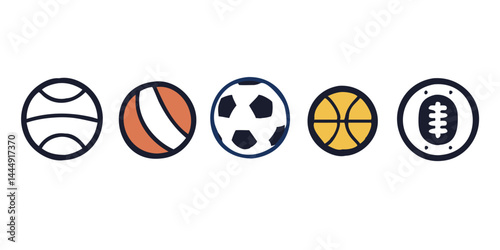 Set of Ball Sports Icons featuring Soccer Ball, Basketball, Volleyball, Baseball, Tennis Ball, Golf Ball, Football, Rugby Ball, and Cricket Bal