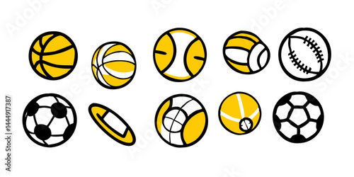 Set of Ball Sports Icons featuring Soccer Ball, Basketball, Volleyball, Baseball, Tennis Ball, Golf Ball, Football, Rugby Ball, and Cricket Bal