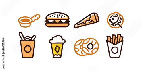 ハンバーガー、ホットドッグ、フライドポテト、ピザスライス、タコス、ナチョス、フライドチキン、ブリトー、オニオンリング、ミルクセーキ、ソーダカップなど、ベクタースタイルのファーストフードアイコンのコレクション。