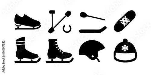 Winter Sports Icons collection: Ski, snowboard, ice skates, sled, bobsleigh, ice hockey stick, curling stone, snowmobile, snowshoe