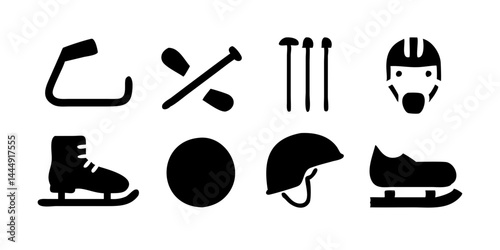 Winter Sports Icons collection: Ski, snowboard, ice skates, sled, bobsleigh, ice hockey stick, curling stone, snowmobile, snowshoe