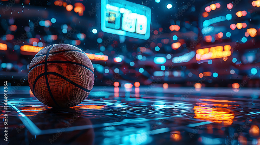 Basketball on the floor. Modern Basketball Arena with Rings with Spotlights, Creative Idea. Tournament and Win. Basketball game with full hall of fans on background. Basketball Championship Basketball on the floor. Modern Basketball Arena with Rings with Spotlights, Creative Idea. Tournament and Win. Basketball game with full hall of fans on background. Basketball Championship