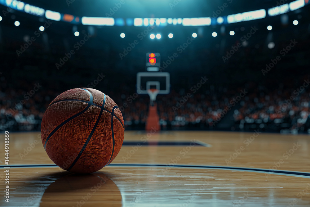 Basketball on the floor. Modern Basketball Arena with Rings with Spotlights, Creative Idea. Tournament and Win. Basketball game with full hall of fans on background. Basketball Championship Basketball on the floor. Modern Basketball Arena with Rings with Spotlights, Creative Idea. Tournament and Win. Basketball game with full hall of fans on background. Basketball Championship