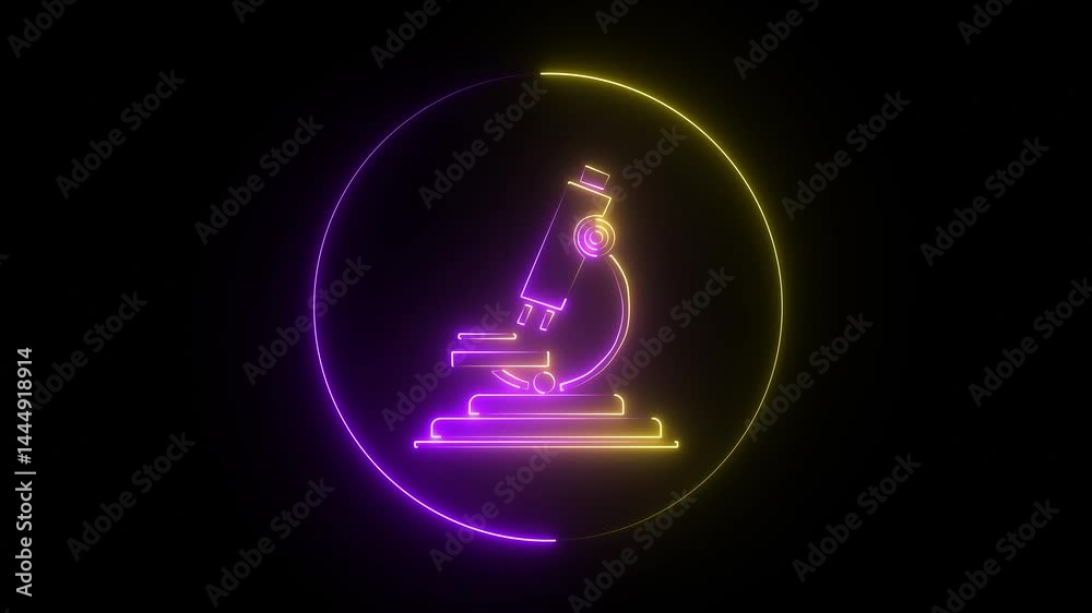 Animation of a microscope icon with a glowing neon effect on black background.