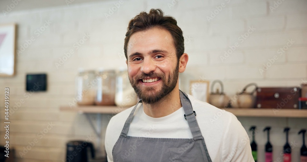 Happy, waiter and portrait of man in coffee shop for espresso machine, barista and small business manager. Restaurant, cafeteria and hospitality with person in cafe for server, smile and about us Happy, waiter and portrait of man in coffee shop for espresso machine, barista and small business manager. Restaurant, cafeteria and hospitality with person in cafe for server, smile and about us