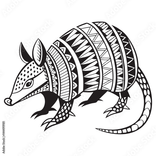 Armadillo Black and White Detailed Line Art, Intricate Patterns, Mammal