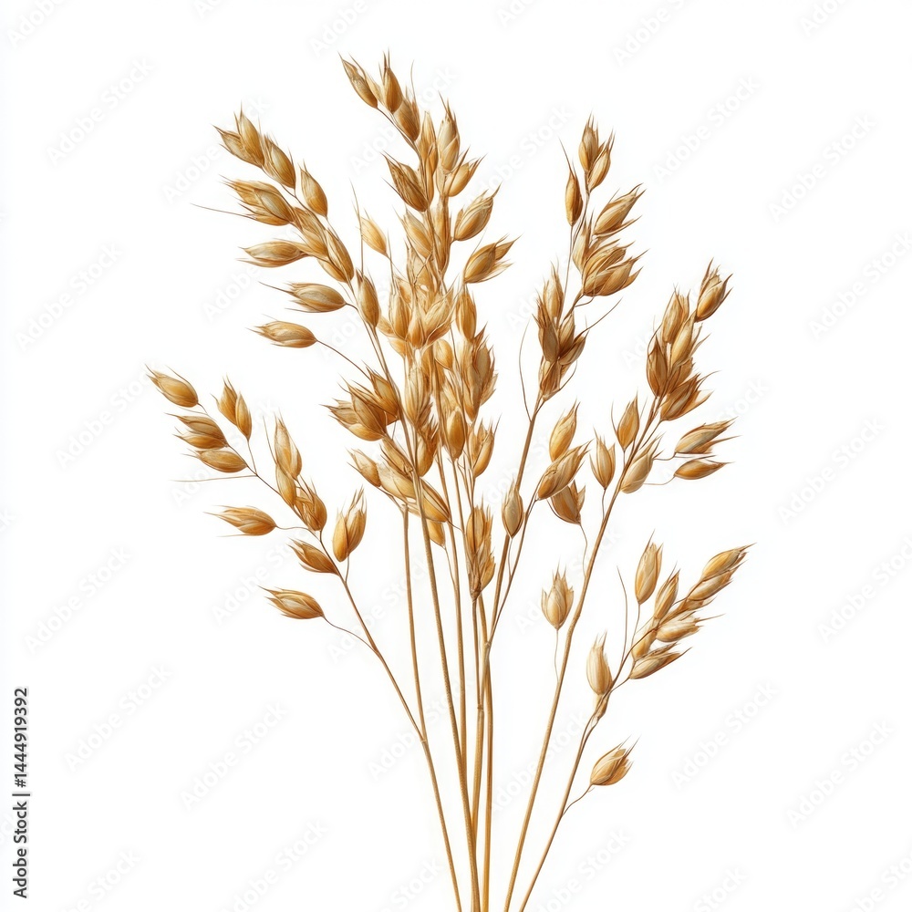 Dried ornamental grass bundle showcasing delicate golden spikes on white background Dried ornamental grass bundle showcasing delicate golden spikes on white background