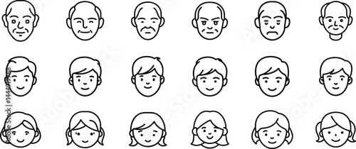 Face Avatar Icon Set. Line Style Male Female Kids and Elderly Portraits