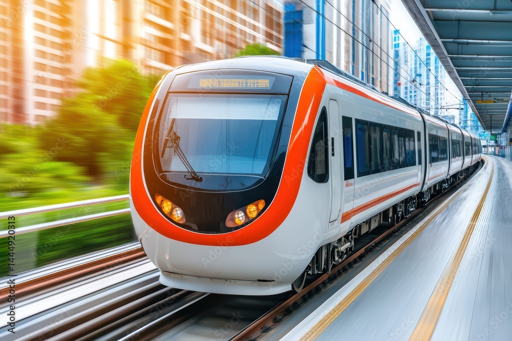 Naklejka premium Modern High-Speed Train in Motion on Urban Tracks in Bright Setting