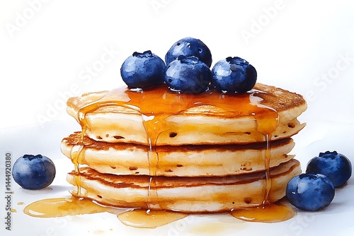Golden pancakes drizzled with syrup and topped with fresh blueberries