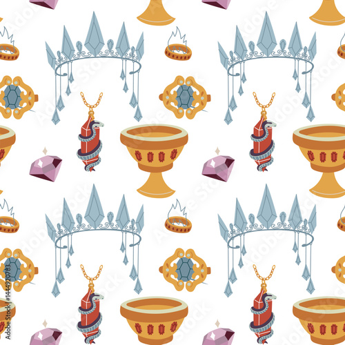 pattern of colored magic tools. snake on crystal, ring, crown and brooch, cup. Flat drawing. A texture for fantasy projects, books, games, and artwork related to magic, alchemy, and mystical rituals.