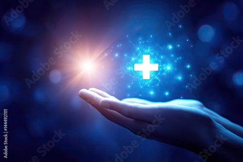 Hands holding a glowing plus sign,  a digital medical symbol  A network of light particles surrounds the sign, illuminated by a bright beam of light