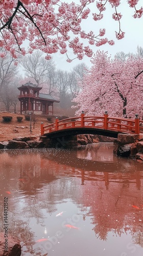 A serene Japanese garden with a vibrant cherry blossom display under a soft, misty sky. photo