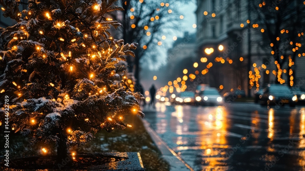 Obraz premium A festive winter street decorated with bright holiday lights