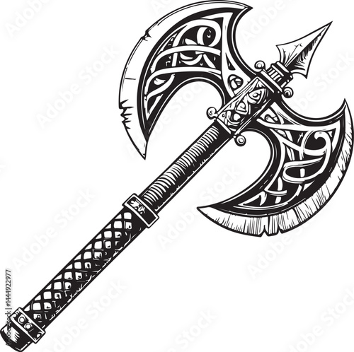 Battle axe weapon Black and White Vector Illustration, Sketch Drawing Line Linear Symbol Icon Engraving, Hand-drawn Isolated