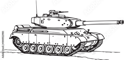 War Military Tank Black and White Vector Illustration, Sketch Drawing Line Linear Symbol Icon Engraving, Hand-drawn Isolated