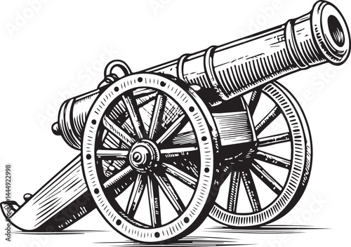 Cannon Weapon Black and White Vector Illustration, Sketch Drawing Line Linear Symbol Icon Engraving, Hand-drawn Isolated