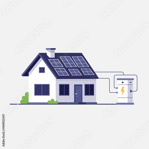 Modern houses get energy-saving sources from solar energy, 2D flat art vector illustration
