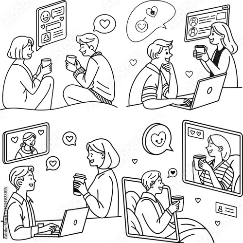 A funny set of cartoon business people, including a woman and a boy, are having a comic meeting in the office, showcasing humor in their work and sales interactions