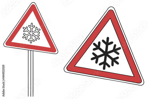 1 Road sign, warning triangle, snowflake symbol, icy conditions alert, red border, white background, metallic pole, reflective surface, winter hazard, traffic safety, minimalist design, weather warnin