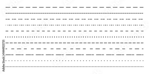 Collection of long dashed, dotted lines. Different lines for notebook pages, divider border