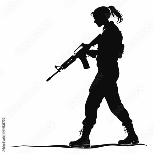 Silhouette of Armed Woman Walking with Rifle, Military Boots & Ponytail on White