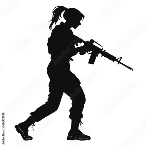 Silhouette of Woman in Combat Gear Walking with Rifle Ready – Black on White