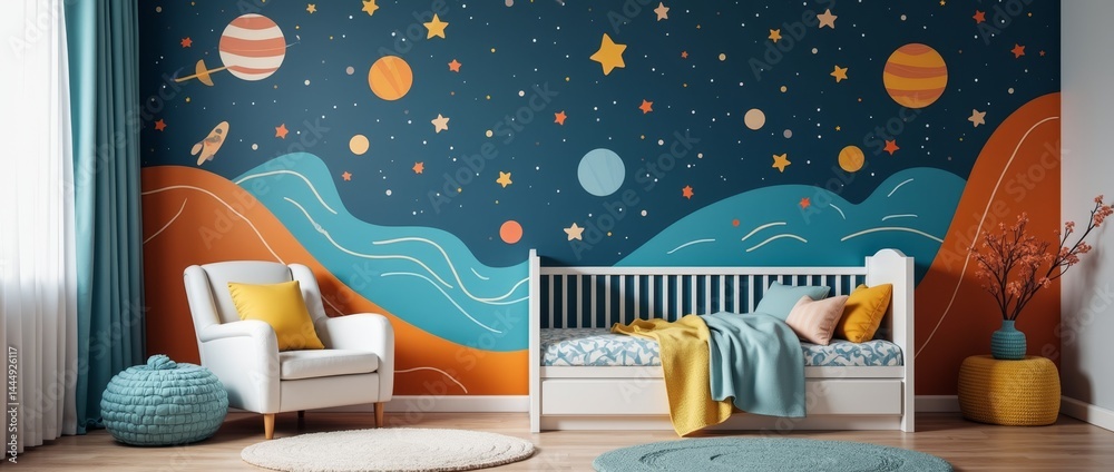 custom made wallpaper toronto digitalSpace theme. Creative and bright eco design of a children's room. Bright fantasy wallpaper on the wall of baby room.