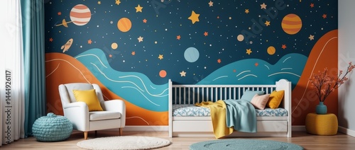 Space theme. Creative and bright eco design of a children's room. Bright fantasy wallpaper on the wall of baby room.
