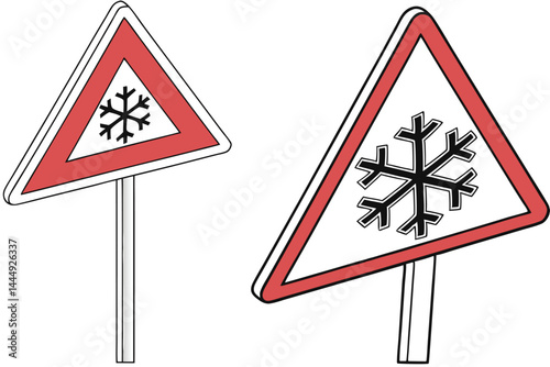1 Road sign, warning triangle, snowflake symbol, icy conditions alert, red border, white background, metallic pole, reflective surface, winter hazard, traffic safety, minimalist design, weather warnin