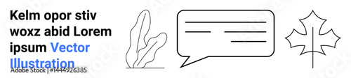 Plant illustration, speech bubble, and maple leaf line art with placeholder text. Ideal for communication, nature, branding, education, design aesthetics, textual highlights simple landing page