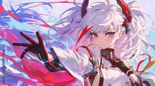 躍動感あふれる白髪の美少女キャラクター・アニメスタイルのファンタジーイラスト