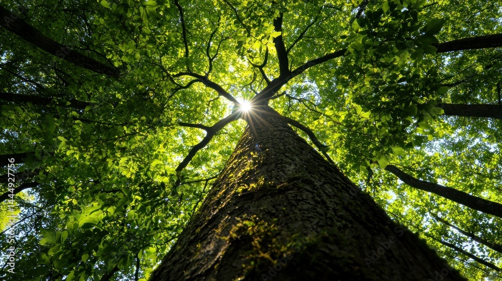 Fototapeta premium Looking upwards toward the bright sun through tree branches and leaves