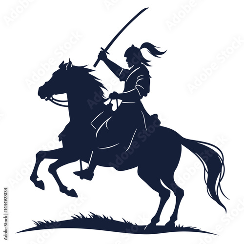 Silhouette of Equestrian Warrior with Sword Raised Riding Horse Rearing Up