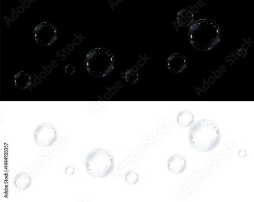 Realistic soap bubbles vector, png on a transparent background. Flying and falling soap bubbles.	
