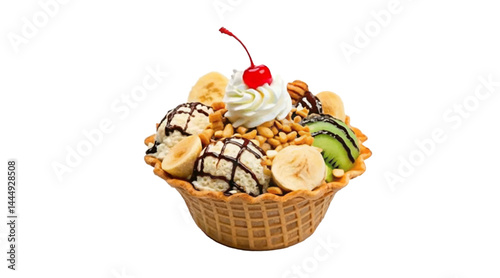 Realistic ice cream cone png vector featuring creamy chocolate ice cream with chocolate drizzle in a crunchy waffle cone. Great for food-related branding, menu designs, and dessert promotions.
